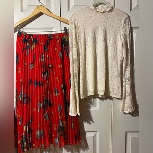 Vince Camuto *Bundle Maxi Skirt XS Floral NWT’s Lace Bell Sleeve Top S Ivory EUC